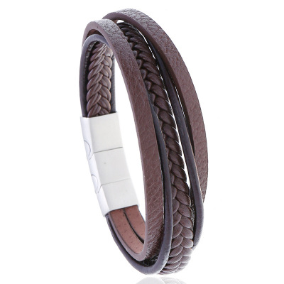 European and American New Accessories Simple Multi-Layer Leather Bracelet Stainless Steel Magnet Buckle Men's Cattle Leather Bracelet Cross-Border Supply