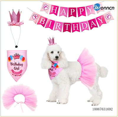 Pet Female Canine Birthday Pink Decoration Suit Birthday Crown Hat Triangular Baby Bibs Skirt Flag Cross-Border