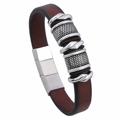 Punk Factory Direct Stainless Steel Magnetic Snap Cattle Leather Bracelet Simple Men's Titanium Steel Leather Bracelet One-Piece Delivery