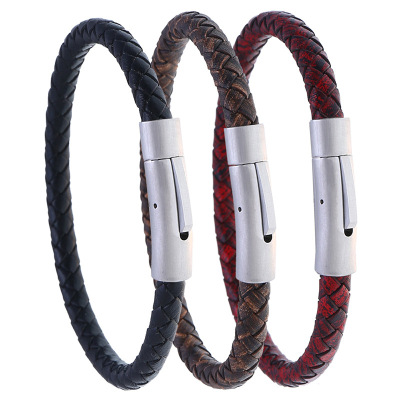Ornament Simple Woven Leather Bracelet European and American Retro Men's Stainless Steel Cross-Border Hot Selling Hand Rope