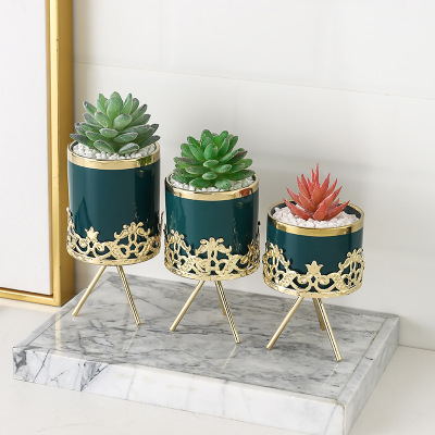 Nordic Ins Iron Lace Phone Holder Electroplating Golden Edge Dark Green Ceramic Succulent Small Pot Plant Dining Room/Living Room Ornaments