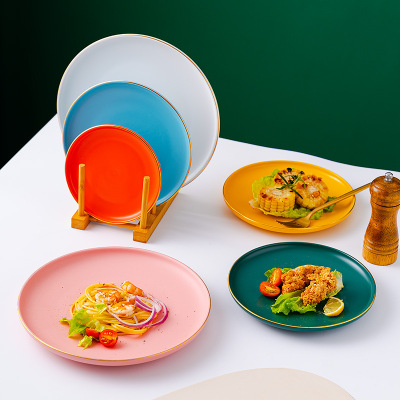 Household Creative Color Ceramic round Gold Rim Pizza Plate Western Cuisine Steak Plate Italian Pasta Dish Underglaze Color 8-Inch Dish