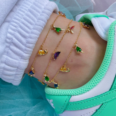 INS New Little Dinosaur Anklet Clavicle Chain 18K Gold Color Protection Ornament Tropical Small Animal Dinosaur Bracelet