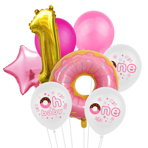 Cartoon Color Donut Aluminum Film Balloon Latex One Oh Baby Balloon Number 1 2 Balloon Set