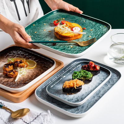 Household Creative Gradient Square Dish Commercial Rectangle Steak Plate Underglaze Porcelain Italian Pasta Dish Foreign Trade