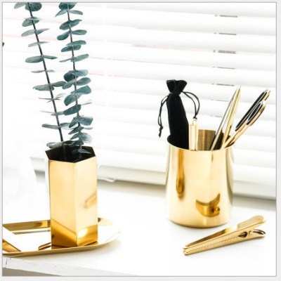 Nordic Instagram Style Six-Side Diamond Pen Holder Golden Vase Stainless Steel Metallic Desktop Ornaments Storage Tank