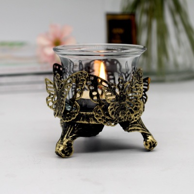 Vintage Glass Candlestick Old Carved Hollow Candlestick Decoration Dinner Atmosphere Decoration Candle Cup Iron Candle Cup