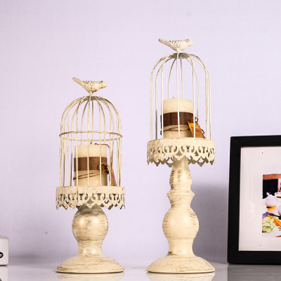 European Style Wrought Iron Creative White Vintage Bird Cage Carved Candle Holder Candlelight Dinner European and American Retro Style Photo Props