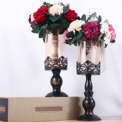 Glass Candle Ornaments European-Style Iron Metal Flower Arrangement Decoration Retro Furnishings Living Room Dining Room Wedding Celebration Decoration Cross-Border