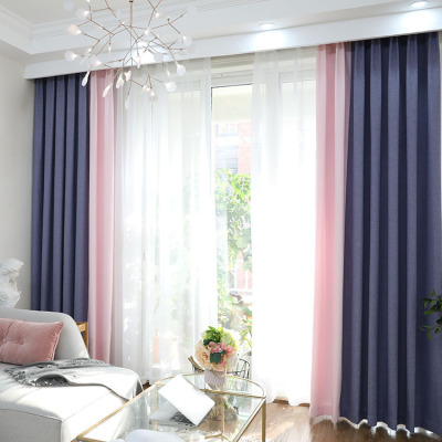 Factory Simple Solid Color Ingney Nordic Stitching Curtain Cotton Linen Brushed Half Shade Polyester Imitation Linen Curtain Wholesale