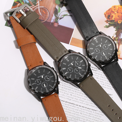 Amazon New Men's Leather-Belt Watch Simple Business Personality Quartz Watch Wish Three-Eye Creative Watch Watch