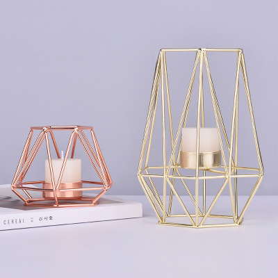 European-Style Gold Geometric Iron Candle Holder Creative Aromatherapy Electroplating Glass Candle Holder Home Vintage Ornament Decoration