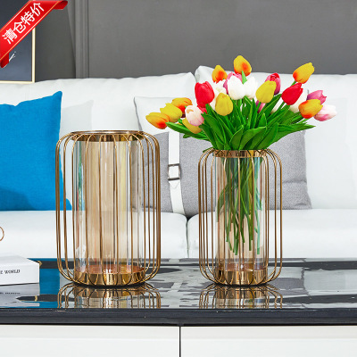 Nordic Creative and Slightly Luxury Metal Glass Vase Dining Table Wrought Iron Vase Decoration Home Dried Flower Arrangement in Living Room Decoration
