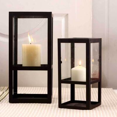 Candle Holder Wrought Iron Glass Square Candle Holder Home Ornament Double Layer Decoration Black Candlestick