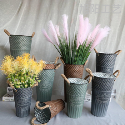 European Style Retro Tin Dried Flower Flower Bucket Vase Living Room Decoration Flower Pot Large Flower Pot Wake up Flower Bucket