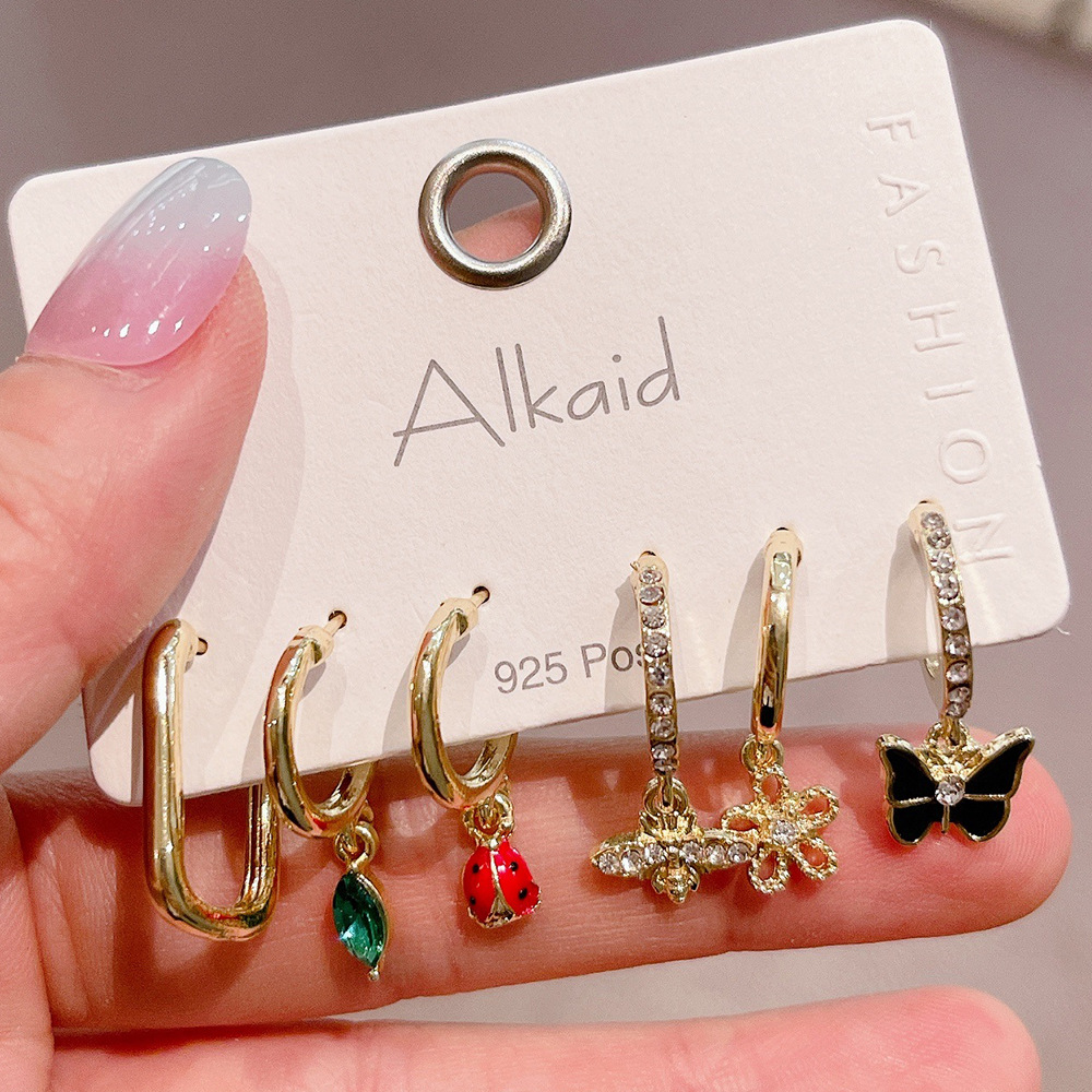 欧美跨境饰品6只装波西米亚红钻满镶爱心蓝钻羽毛耳坠合金C型耳环