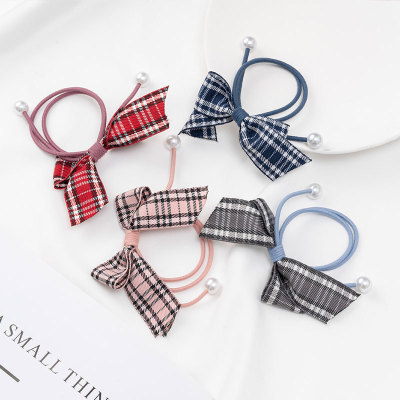 French Simplicity Butterfly Grid Red Pearl Hair Ring Hair Accessories Female Head Rope Tie-up Hair Ponytail Temperament Hair Rope
