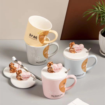 Three-Dimensional Bear Doll Ceramic Cup Love Bear Mug with Cover Spoon Student Couple Gift Cup Coffee Milk Cup