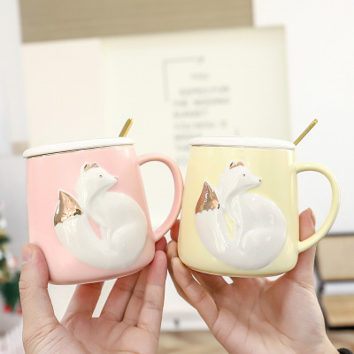 Three-Dimensional Relief Cartoon Cat Ceramic Cup with Cover Spoon Business Office Coffee Tea Brewing Water Cup Student Mark Cup