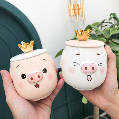 Korean Cartoon Crown Pig Ceramic Cup with Cover Spoon Mug Business Office Tea Brewing Coffee Cup Student Cup