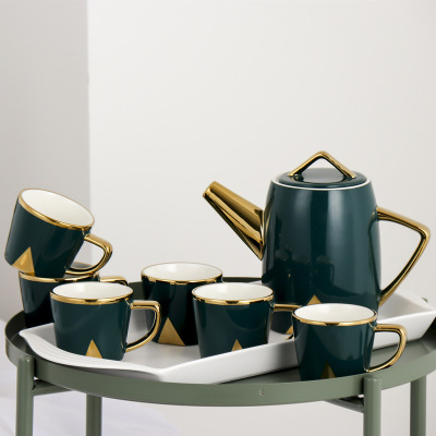 Nordic Light Luxury Gold Outline Ceramics Drinking Ware Set Six Cup a Pot a Tray Drinking Ware Ins Afternoon Tea Set