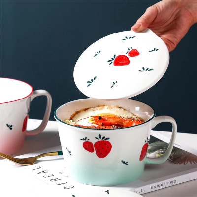 Creative Japanese Style Hand Drawn Ceramic Instant Noodle Bowl Cover with Handle Large Capacity Student Instant Noodle Cup Bento Bowl Rice Bowl Delivery
