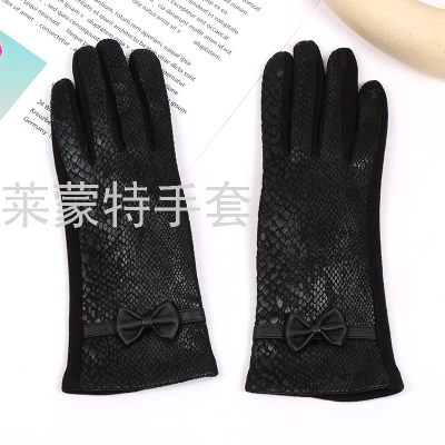 New AB Version Autumn and Winter Warm Back Bow Small Leopard Four-Finger Plum Touch Screen Women's Gloves