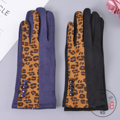 Autumn and Winter New Leopard-Print Gloves Non-Inverted Velvet Full Finger Embroidery Touch Screen Warm Gloves Riding Wind-Proof and Cold Protection Gloves