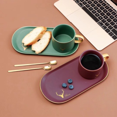 [Revo Ceramics] Creative Ceramic Coffee Cup Golden Cartoon Antlers Cup with Tray Nordic Style Mug