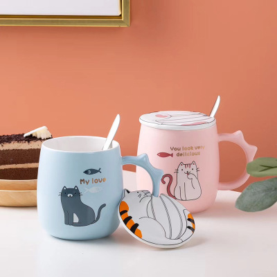 Creative Cat and Fish Mark Ceramic Cup Cartoon with Spoon with Lid Breakfast Milk Water Glass Student Water Cup Generation