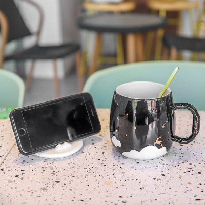 Personalized Creative Mobile Phone Holder Ceramic Cup with Cover Spoon Office Home Breakfast Coffee Cup Good-looking Mug