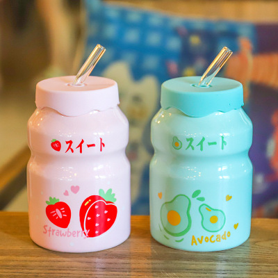 Japanese Style Fresh Fruit Cup Summer Good-looking Internet Hot Girlish Ceramic Cup Mini-Portable Straw Cup