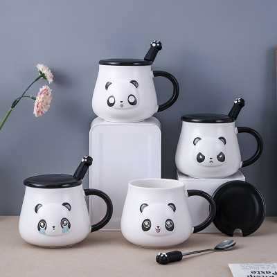 Cartoon Cute Panda Logo Custom Embossed Mug with Cover Spoon Office Creativity Gift White Ceramic Cup