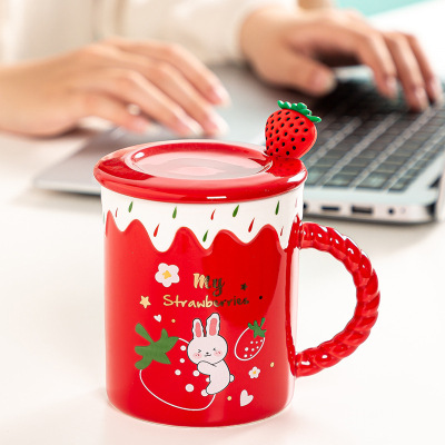 Ice Cream Strawberry Mug with Cover Spoon Cartoon Cute Rabbit Ceramic Cup Creative Thread Handle Water Cup