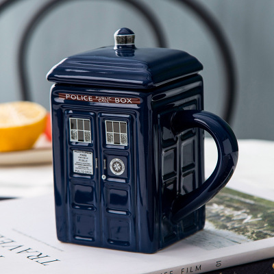 Creative Retro British Police Box Cup Ceramic Cup Telephone Booth Ceramic Cup Novelty Mug Coffee Cup with Lid