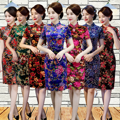 Women's Women's Summer Wear Show Dress Dress Fashion Improvement Mid-Length Cheongsam Short Sleeve Velvet Cheongsam