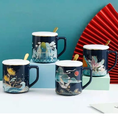 National Fashion Retro Mug Large Capacity Chinese Style Ceramic Cup with Cover Spoon Coffee Cup New Conference Gift Cup