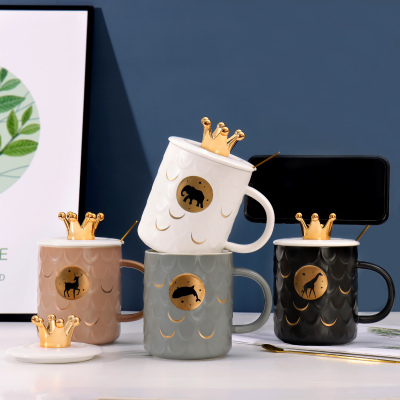 Creative Cartoon Relief Cup with Cover Spoon Cute Crown Water Cup Office Coffee Cup Practical Gift Mug
