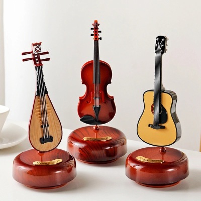 Retro Simulation Rotating Musical Instrument Music Box Music Box Simulation Pipa Violin Guitar Music Box Desktop Decoration