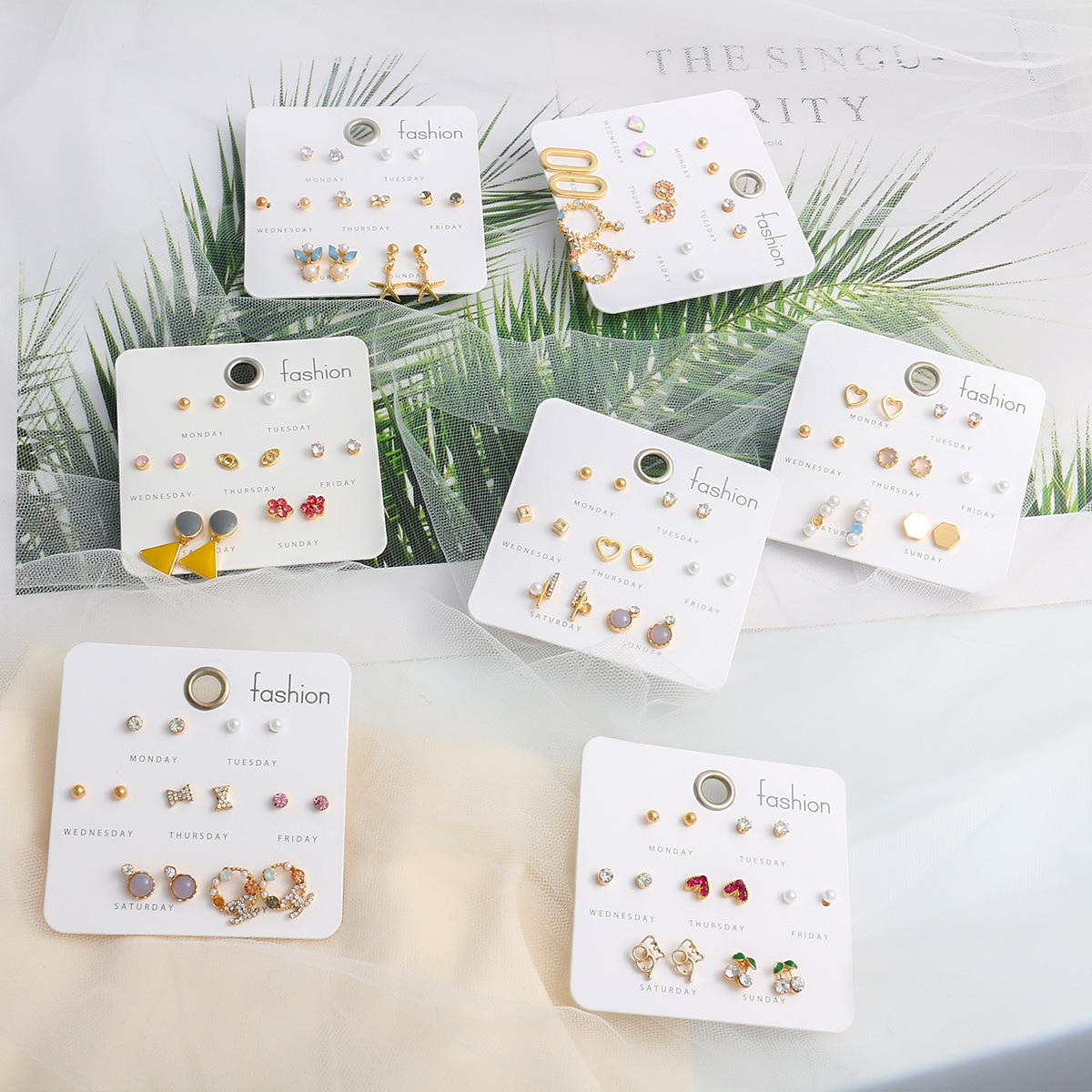 流行跨境饰品S925银针一周耳钉耳饰组合一卡多对耳环套装女