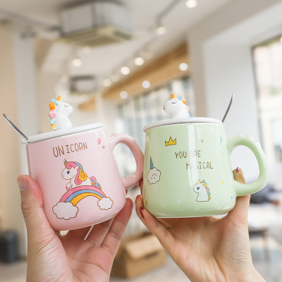 Cartoon Unicorn Hand Drawn Ceramic Cup with Cover Spoon Cute Fresh Mug Boy and Girl Student Water Cup Wedding Cup