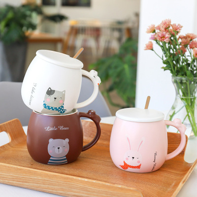 Cartoon Animal Big Belly Ceramic Cup Artistic Fresh Ins Cute Mug with Cover Spoon Coffee Milk Water Glass