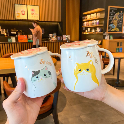 Cute Cartoon Cat Ceramic Cup with Cover with Spoon Relief Cat's Paw Water Cup Creative Mug Men and Women Student Cup
