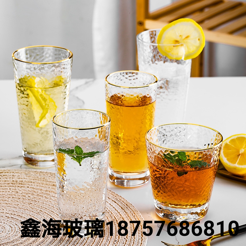 锤纹玻璃杯玻璃杯 日式锤纹杯子金边水杯 网红果汁杯