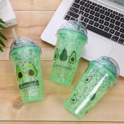 Plastic Sippy Cup Avocado Strawberry Ice Cup Double-Layer Cup Ins Girl Heart Tumbler Ice Cup in Stock