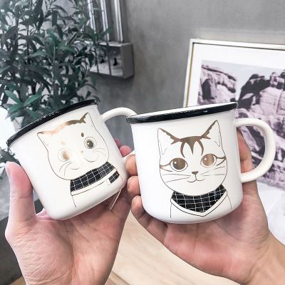 Nordic Simple Ins Gold Painting Cat Ceramic Cup Artistic Internet Celebrity Water Cup Wide Mouth White Zakka Mug Cup