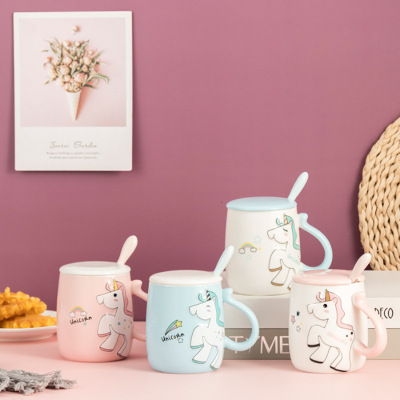 Cartoon Cute Embossed Unicorn Breakfast Cup Office Creative Porcelain Cup with Cover Spoon Girl Heart Mug