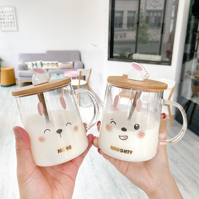 Cartoon Cute Rabbit Glass with Lid Transparent Floral Print Fresh Water Cup Girl Heart Male and Female Students Couple's Cups