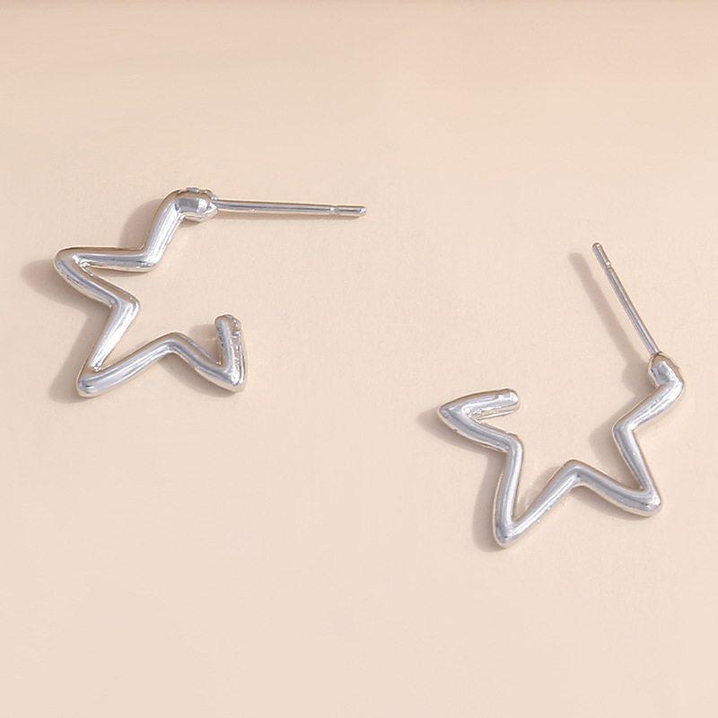 欧美跨境饰品 优雅简约五角星耳饰 气质银色镂空几何形耳钉耳环女