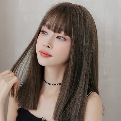 Wig Women's Long Hair Air Bangs Black Long Straight Invisible Simulation Wig Sheath Natural Long Straight Hair Full-Head Wig Wholesale